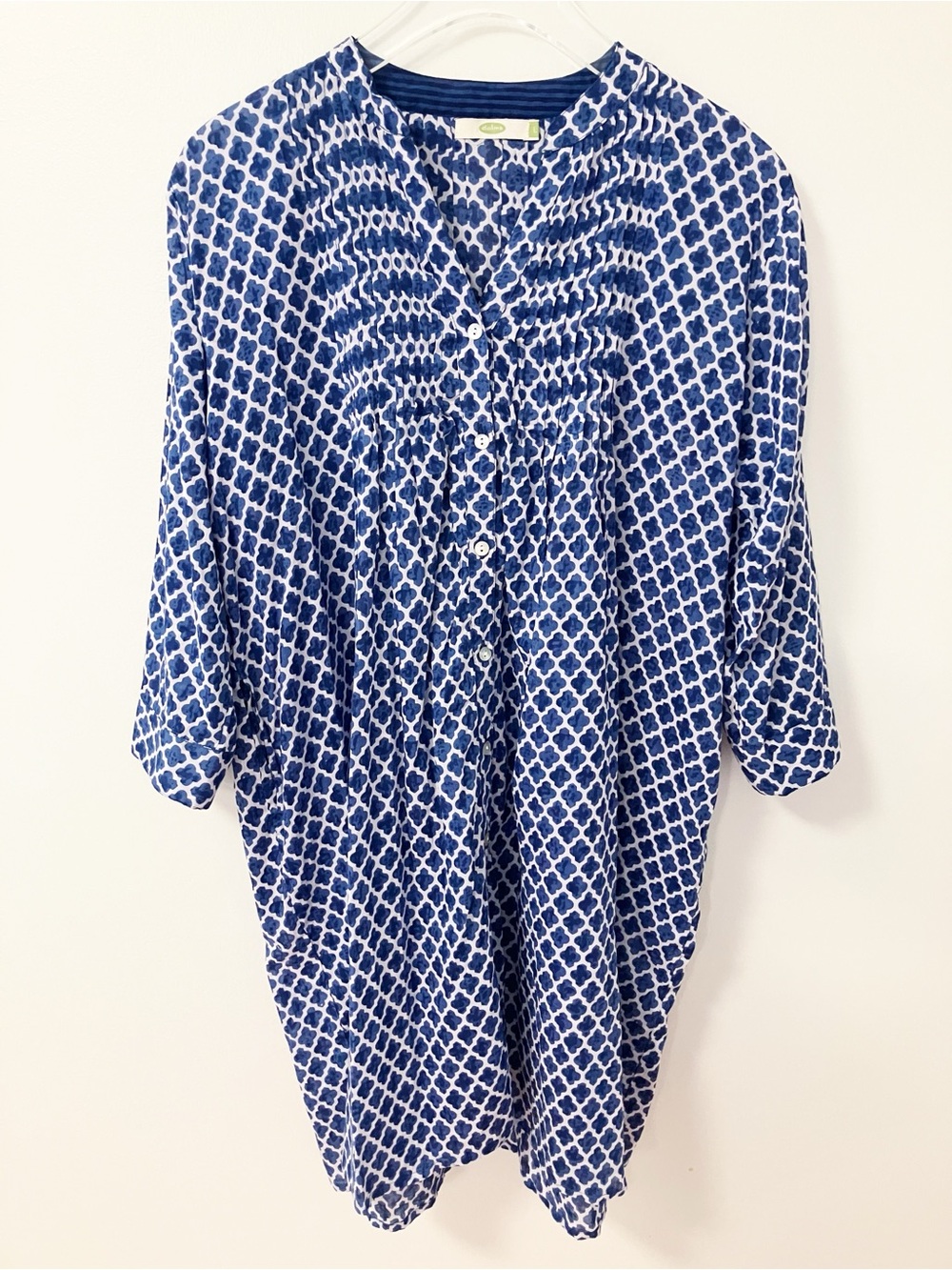 Dolma | Blue Indian Cotton Gauzy Geometric Tunic Dress L Boho Chic Resort Travel